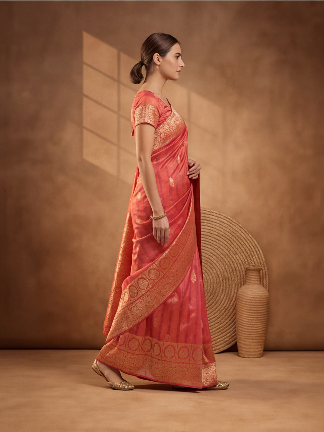 Jaipur Kurti Women'S Designer Weaving Work Peach Saree