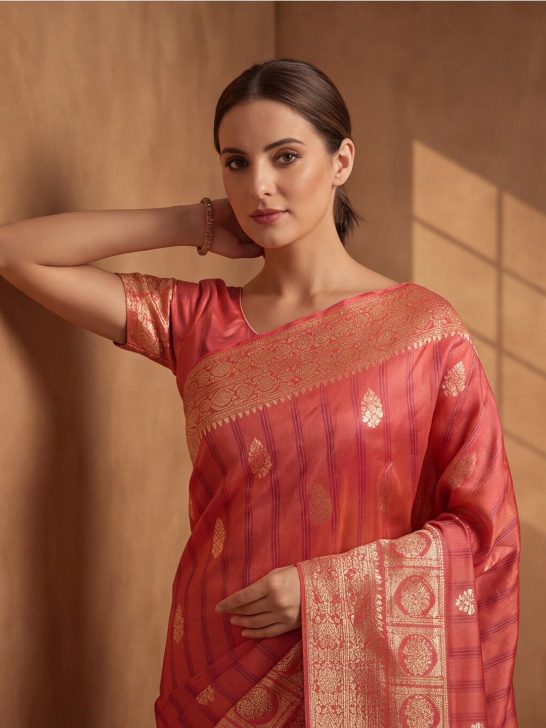 Jaipur Kurti Women'S Designer Weaving Work Peach Saree