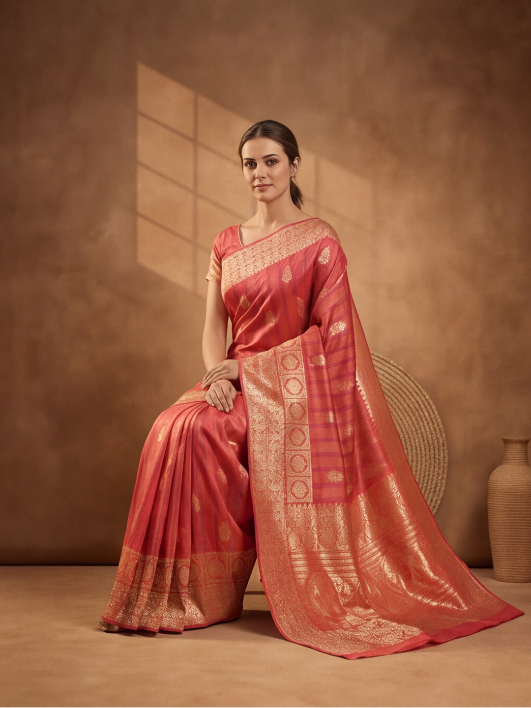 Jaipur Kurti Women'S Designer Weaving Work Peach Saree