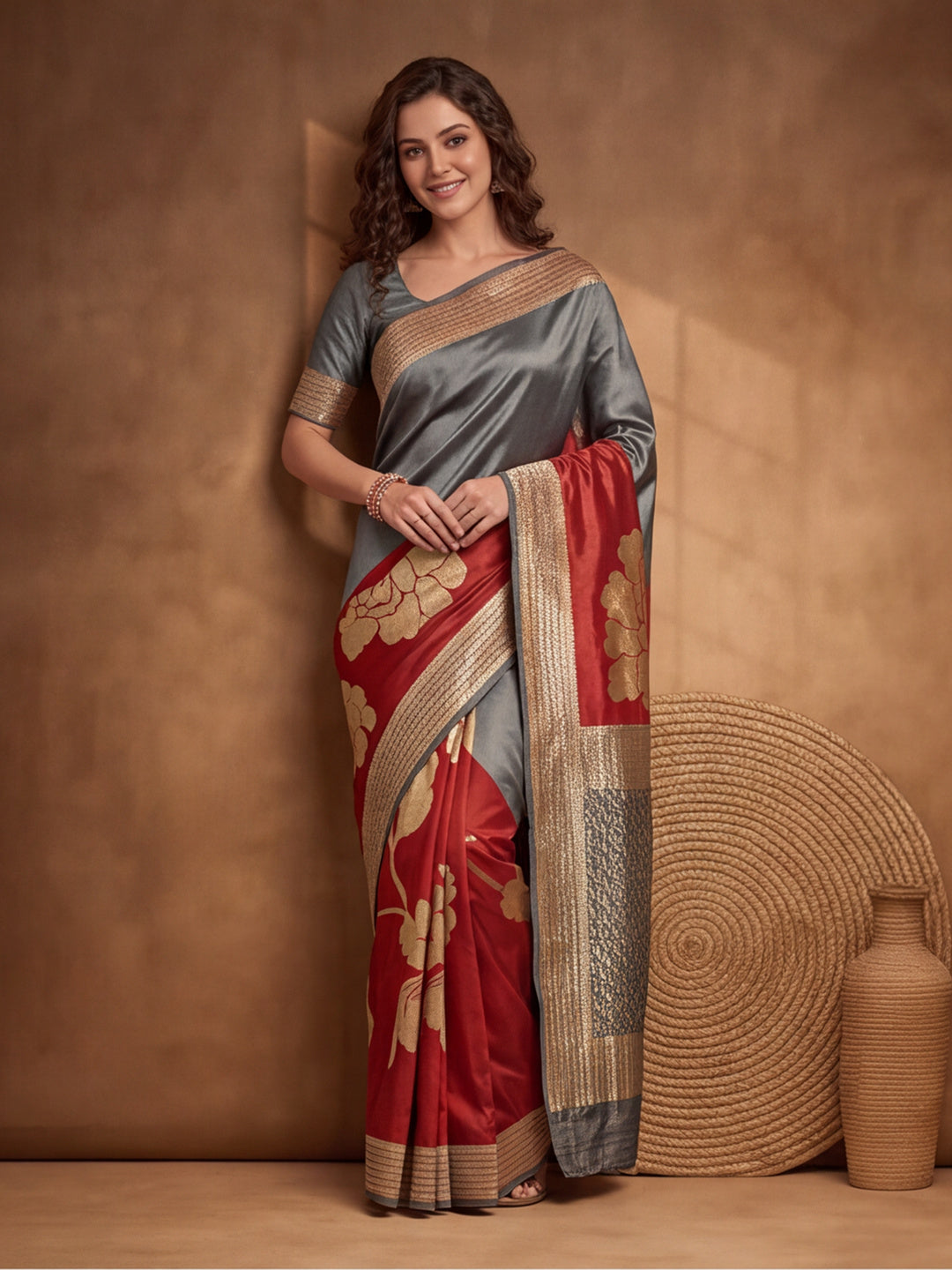 Jaipur Kurti Women'S Designer Weaving Work Grey,Red Saree