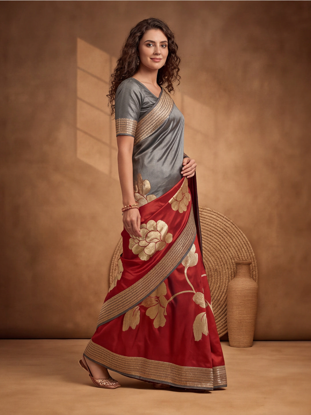 Jaipur Kurti Women'S Designer Weaving Work Grey,Red Saree