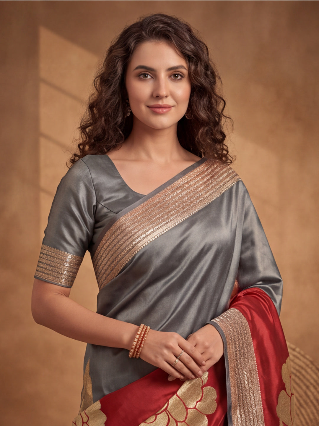 Jaipur Kurti Women'S Designer Weaving Work Grey,Red Saree