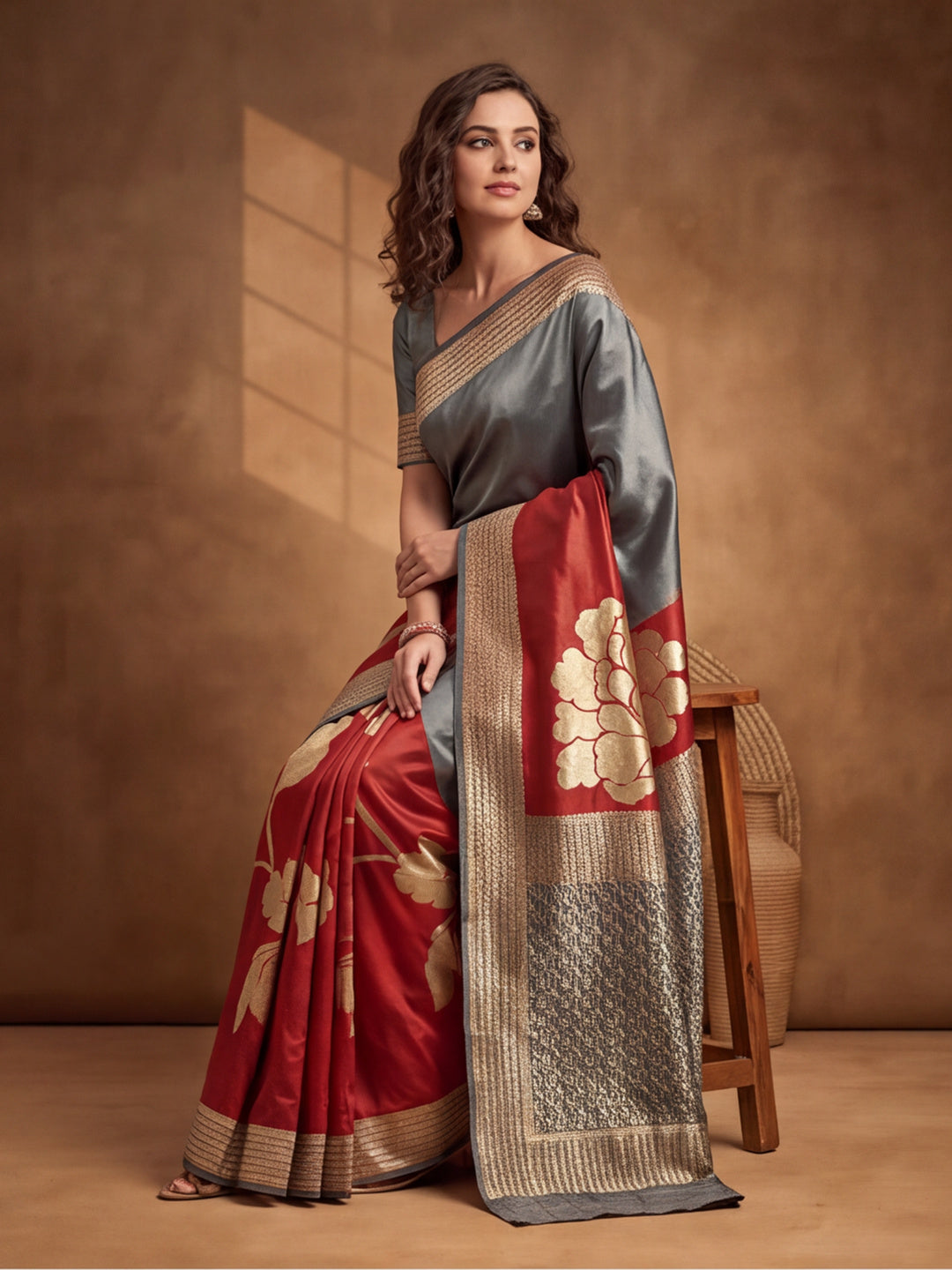 Jaipur Kurti Women'S Designer Weaving Work Grey,Red Saree