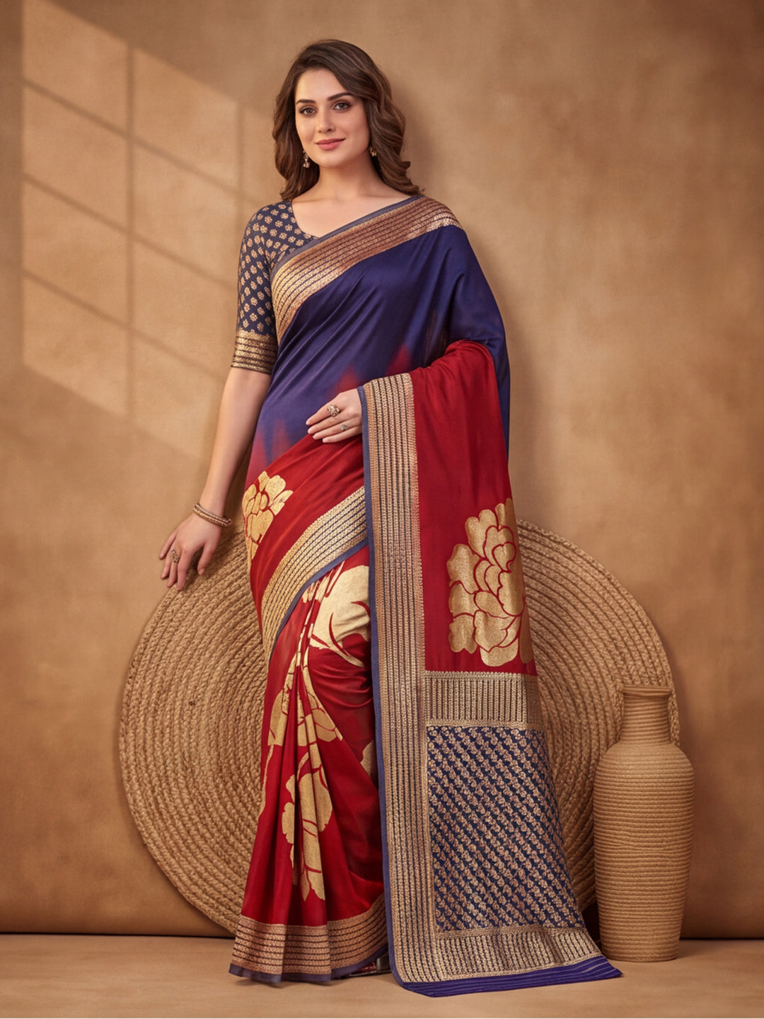 Jaipur Kurti Women'S Designer Weaving Work Navy Blue,Red Saree
