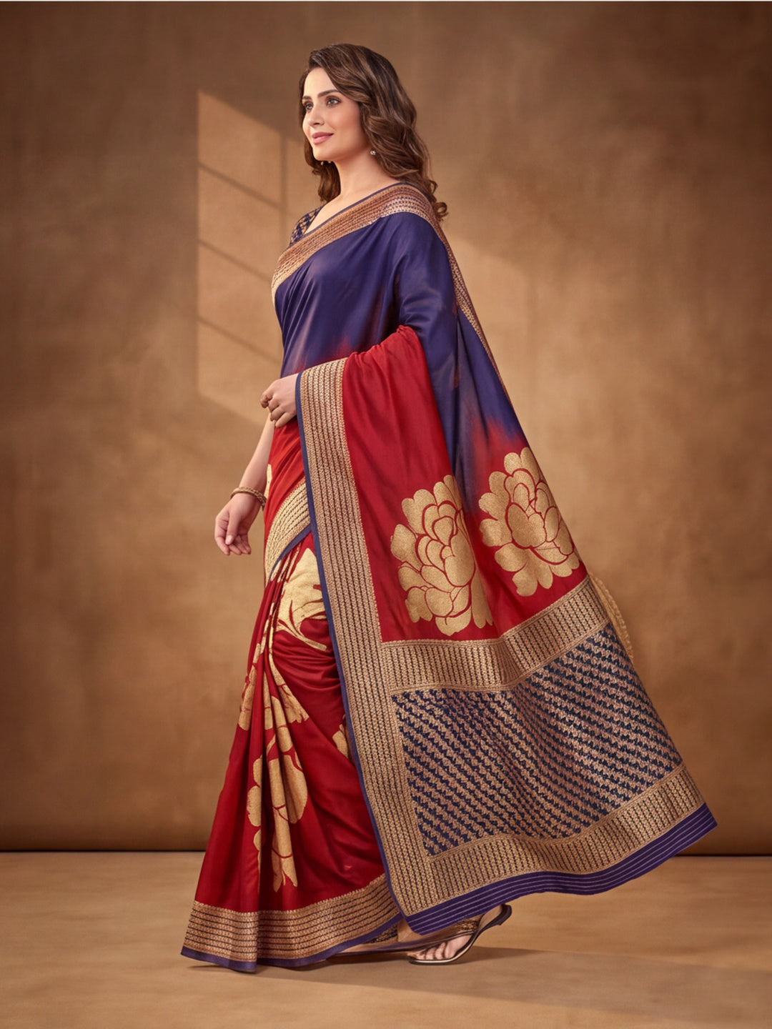 Jaipur Kurti Women'S Designer Weaving Work Navy Blue,Red Saree