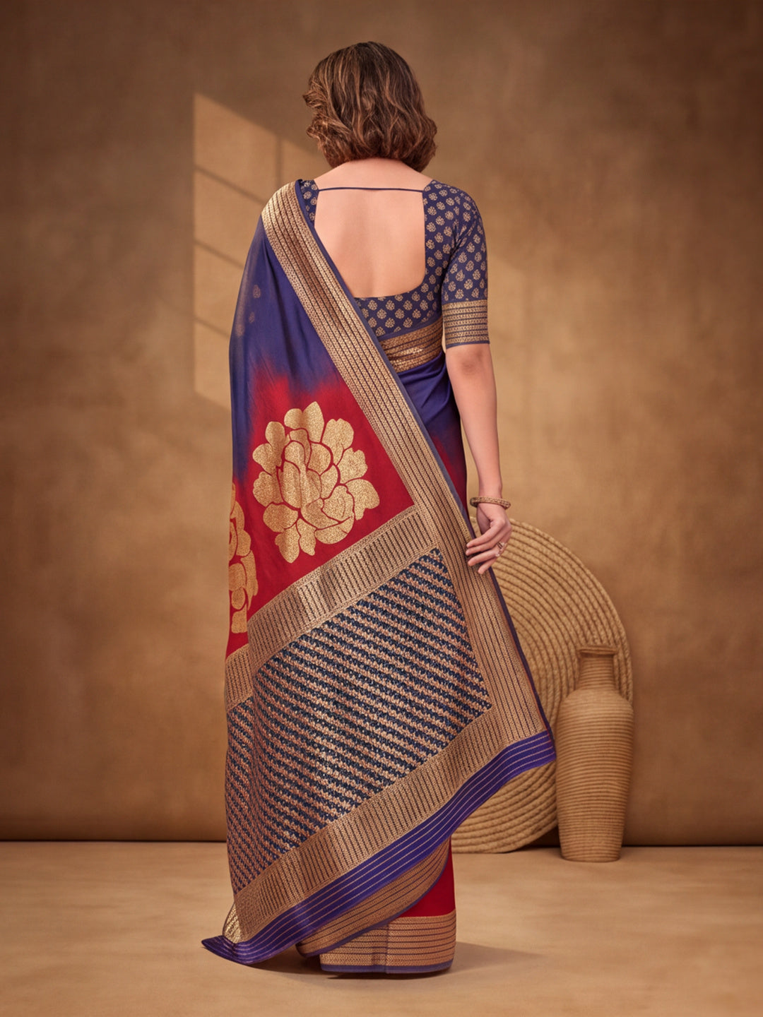 Jaipur Kurti Women'S Designer Weaving Work Navy Blue,Red Saree