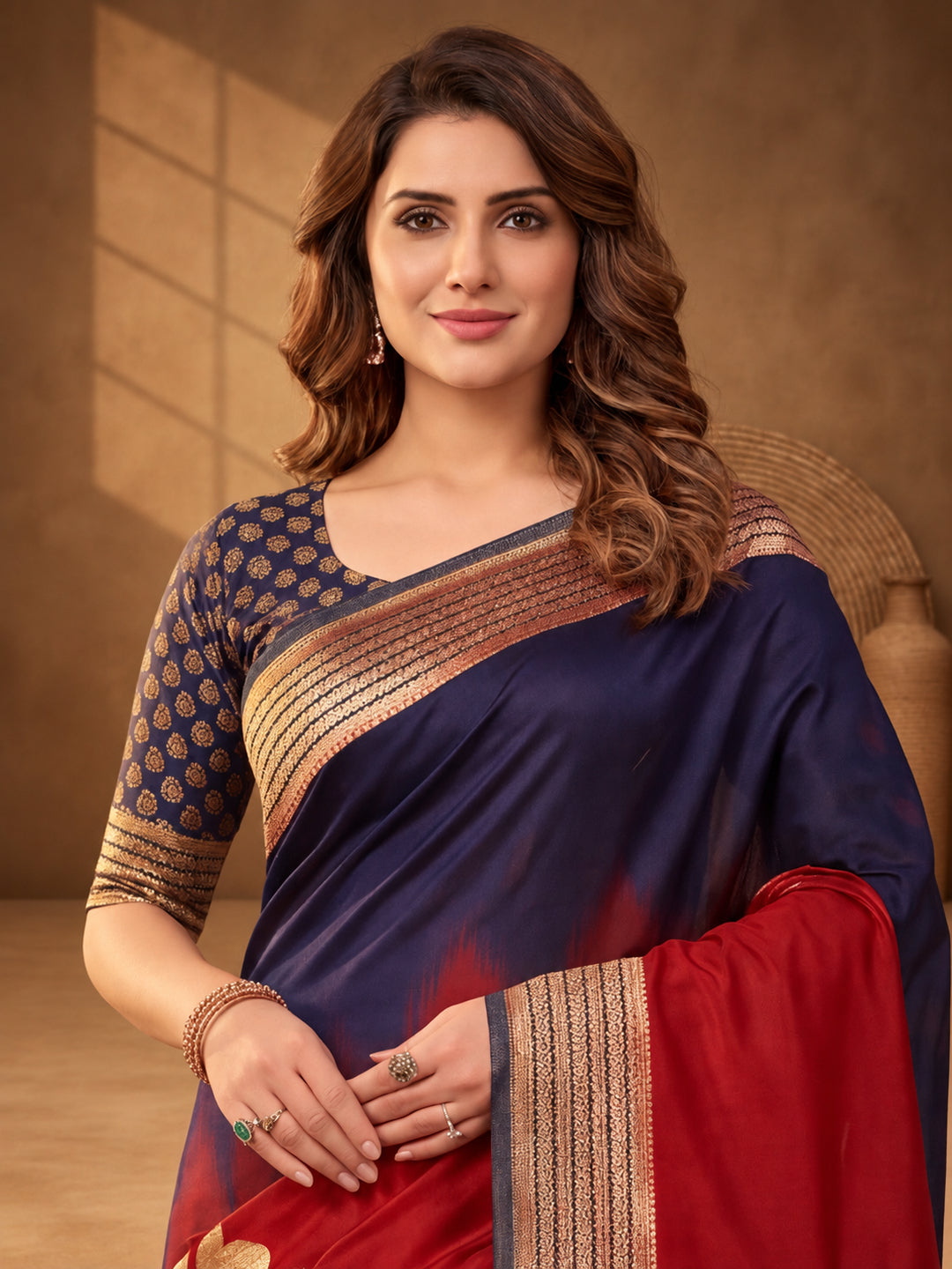 Jaipur Kurti Women'S Designer Weaving Work Navy Blue,Red Saree