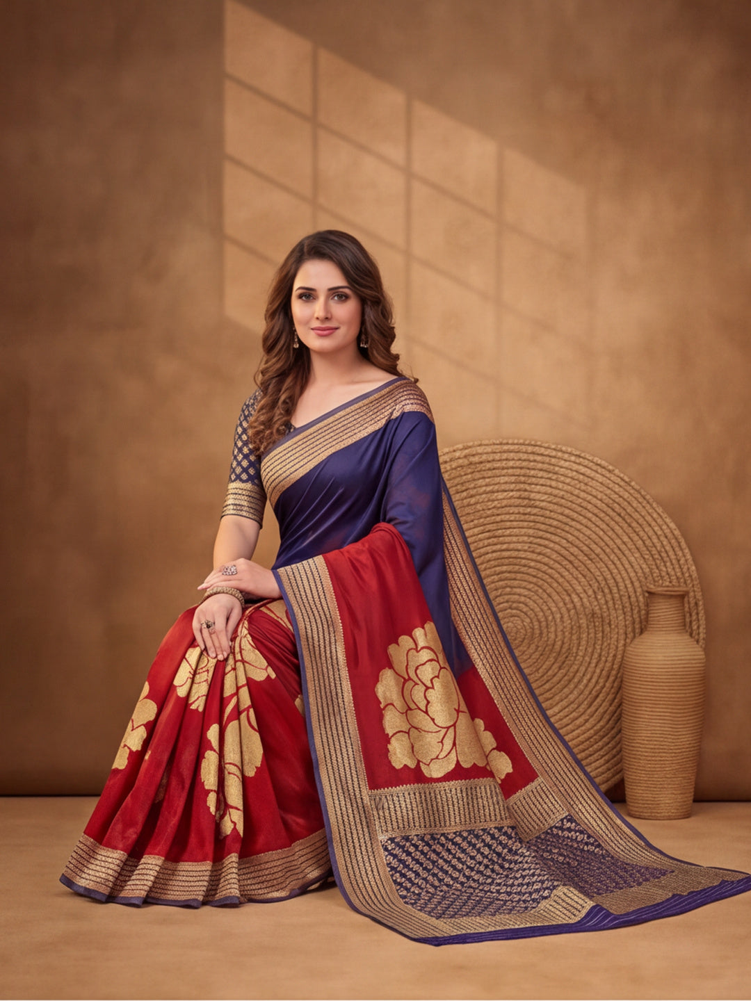 Jaipur Kurti Women'S Designer Weaving Work Navy Blue,Red Saree
