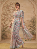 Pastel Floral Digital Print Linen Silver Zari Saree with Belt Lightweight Festive Saree for Women