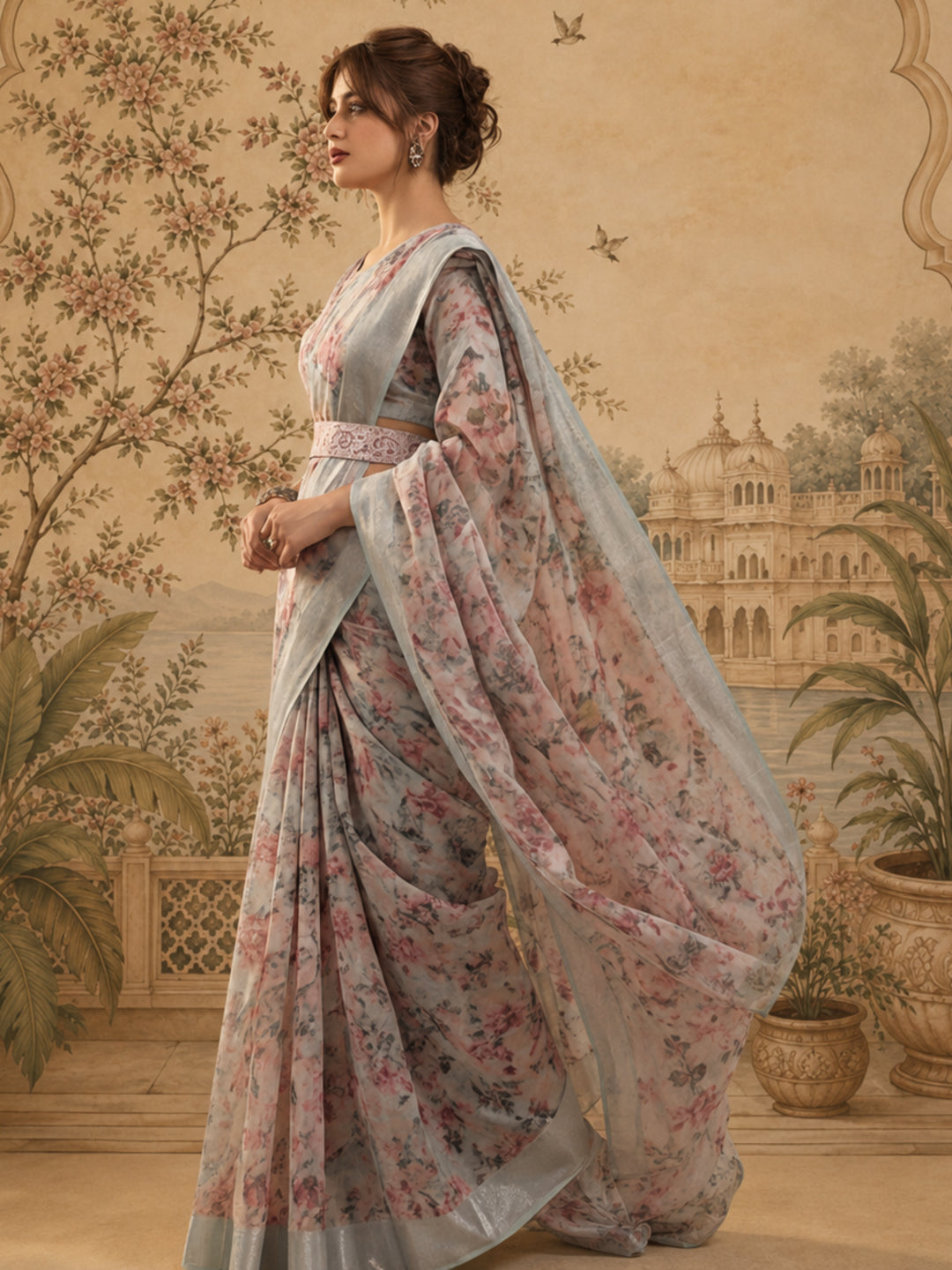 Pastel Floral Digital Print Linen Silver Zari Saree with Belt Lightweight Festive Saree for Women
