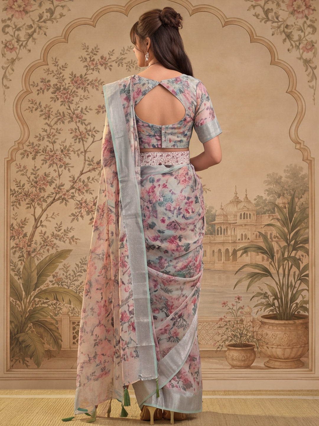 Pastel Floral Digital Print Linen Silver Zari Saree with Belt Lightweight Festive Saree for Women