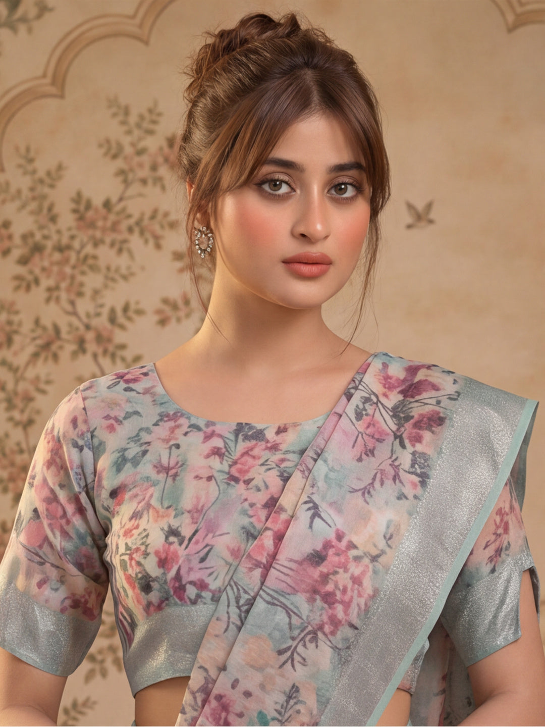 Pastel Floral Digital Print Linen Silver Zari Saree with Belt Lightweight Festive Saree for Women