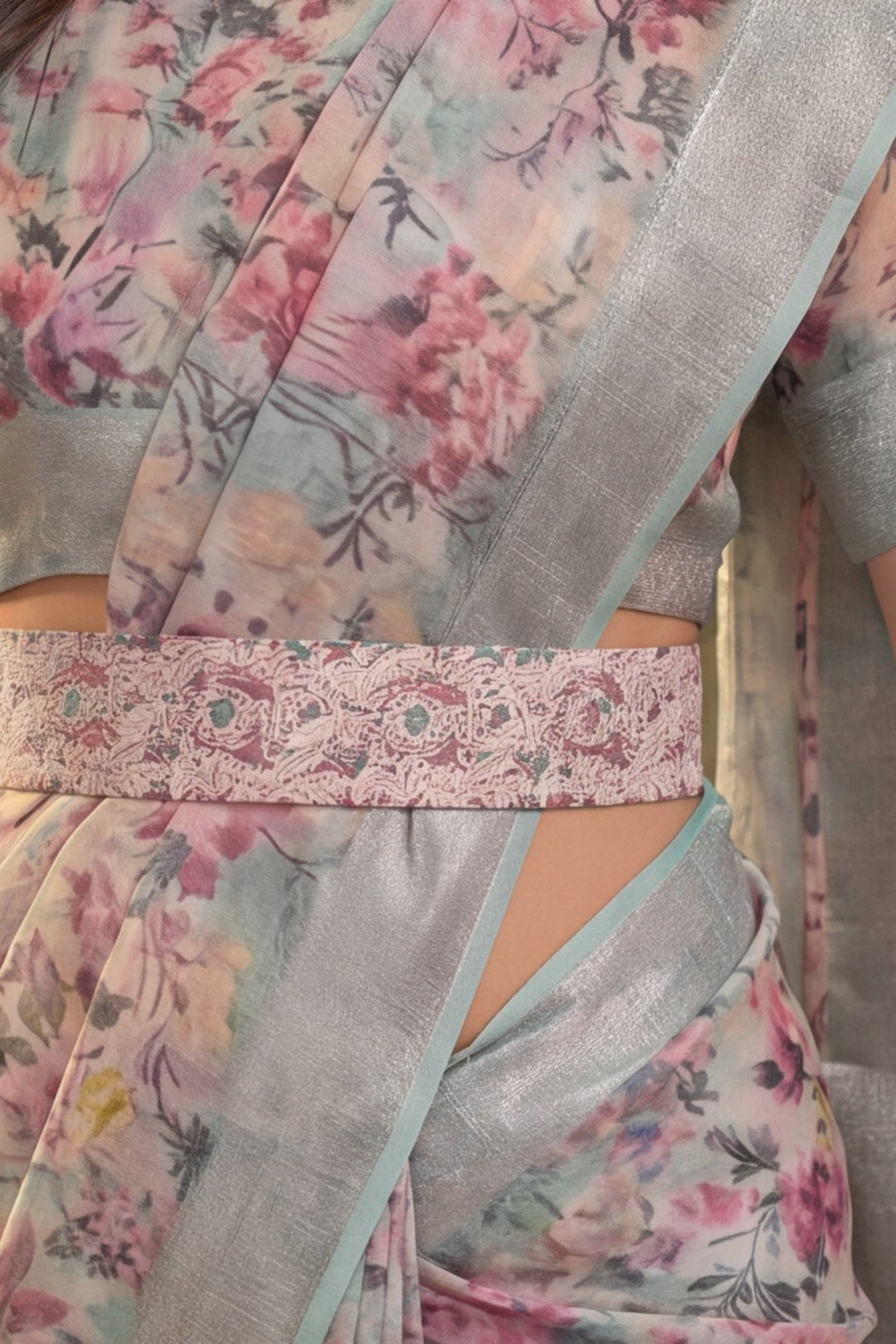 Pastel Floral Digital Print Linen Silver Zari Saree with Belt Lightweight Festive Saree for Women