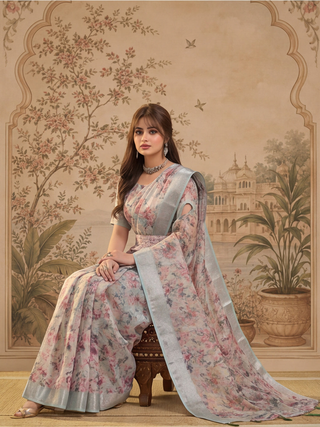 Pastel Floral Digital Print Linen Silver Zari Saree with Belt Lightweight Festive Saree for Women