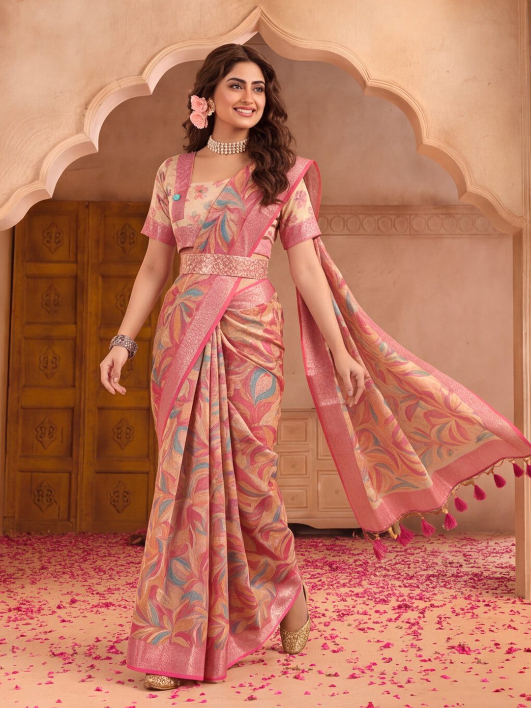 Pink Linen Silver Zari Saree with Belt Trendy Digital Printed Saree for Festivals & Casual Wear