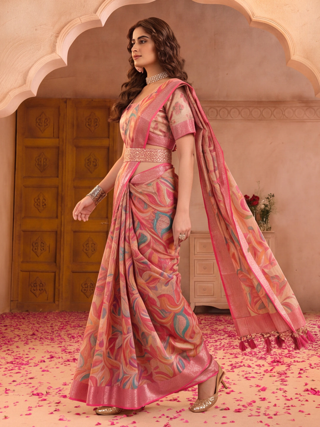 Pink Linen Silver Zari Saree with Belt Trendy Digital Printed Saree for Festivals & Casual Wear