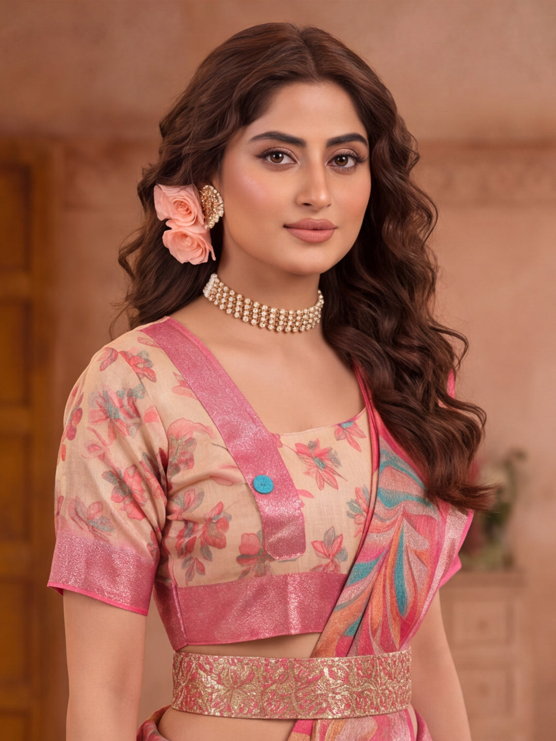 Pink Linen Silver Zari Saree with Belt Trendy Digital Printed Saree for Festivals & Casual Wear
