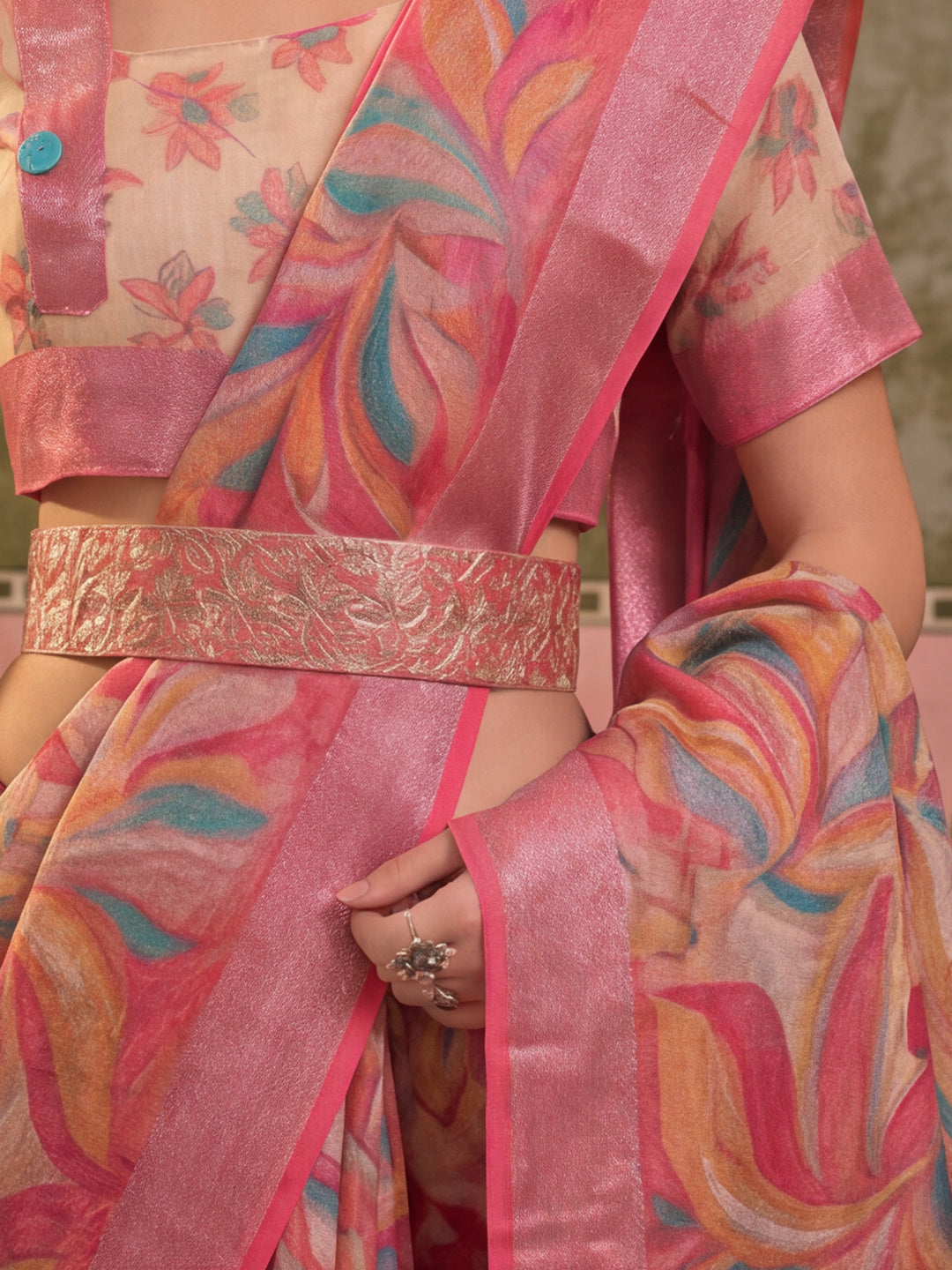 Pink Linen Silver Zari Saree with Belt Trendy Digital Printed Saree for Festivals & Casual Wear