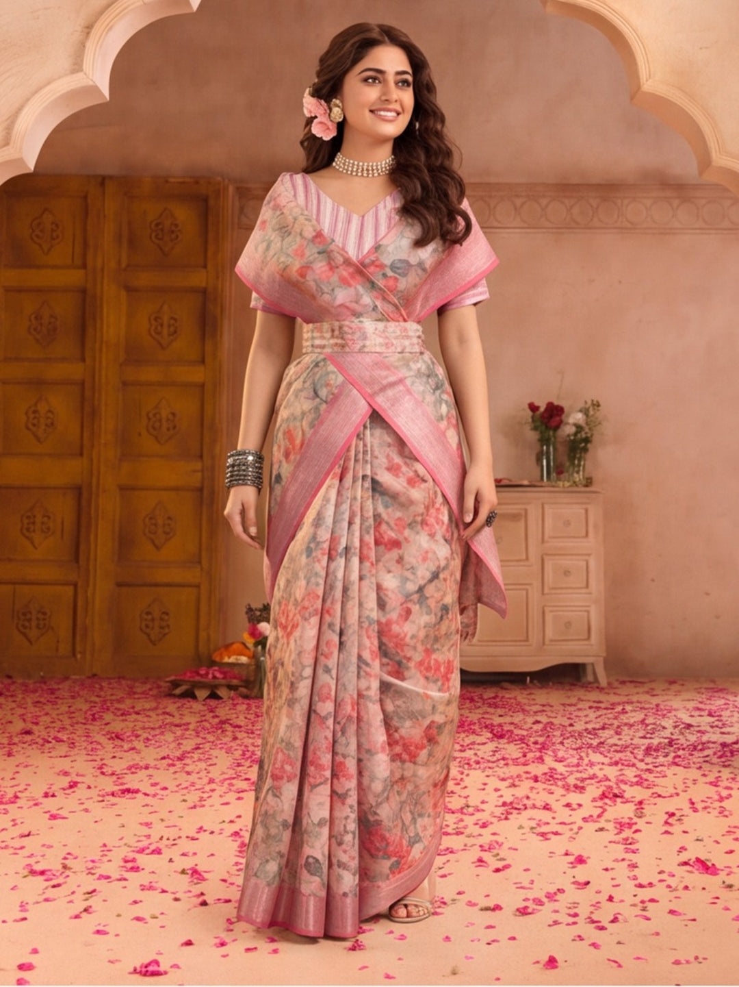 Linen Silver Zari Pink Floral Digital Printed Saree with Designer Waist Belt Premium Festive Saree