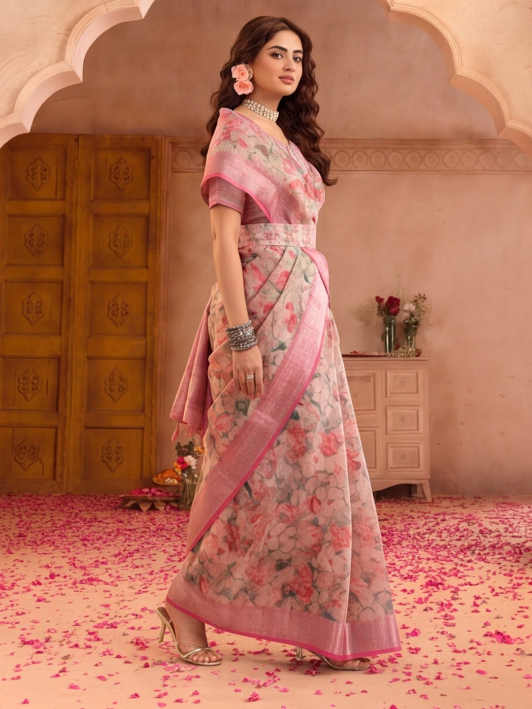 Linen Silver Zari Pink Floral Digital Printed Saree with Designer Waist Belt Premium Festive Saree