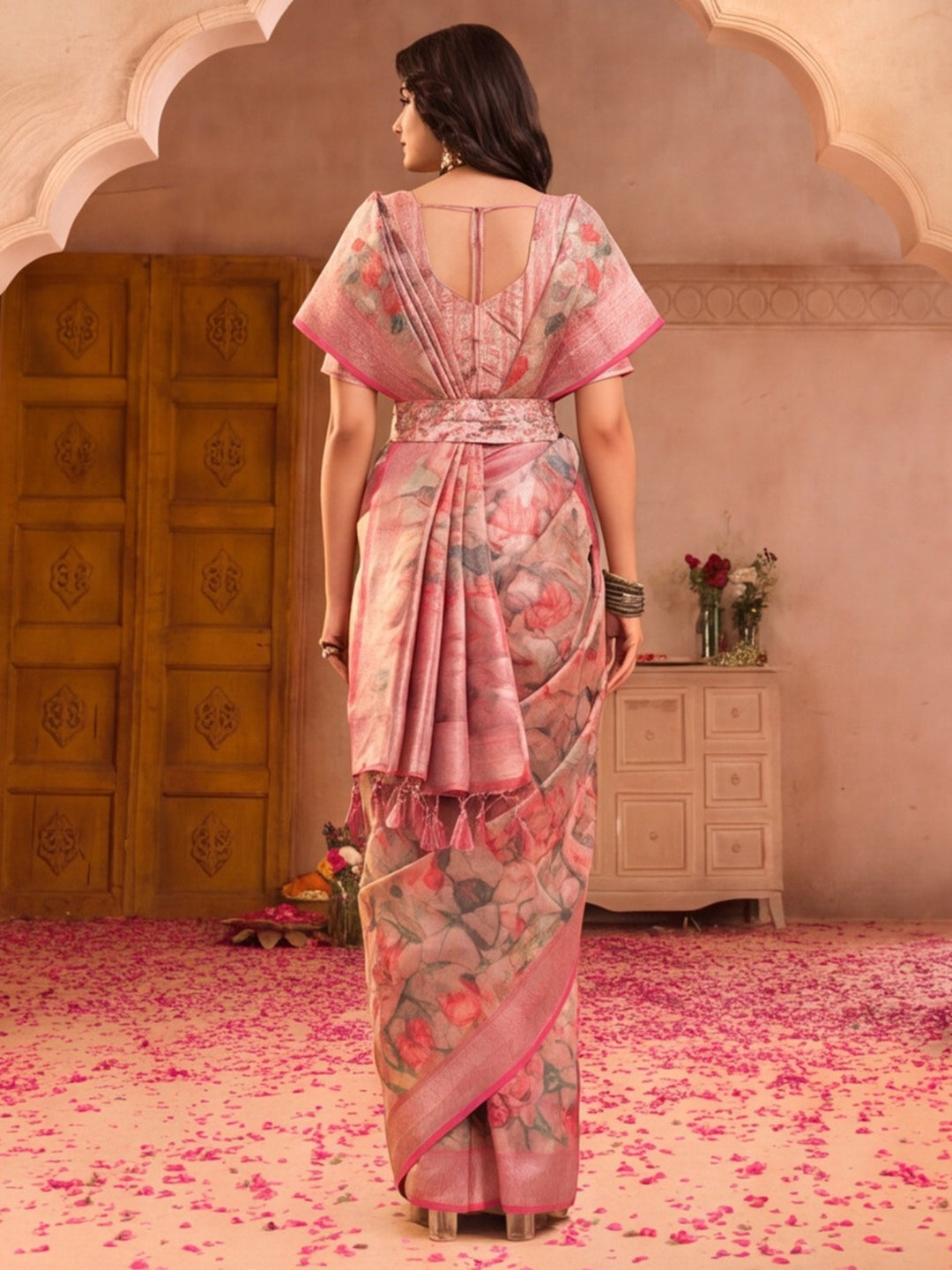 Linen Silver Zari Pink Floral Digital Printed Saree with Designer Waist Belt Premium Festive Saree