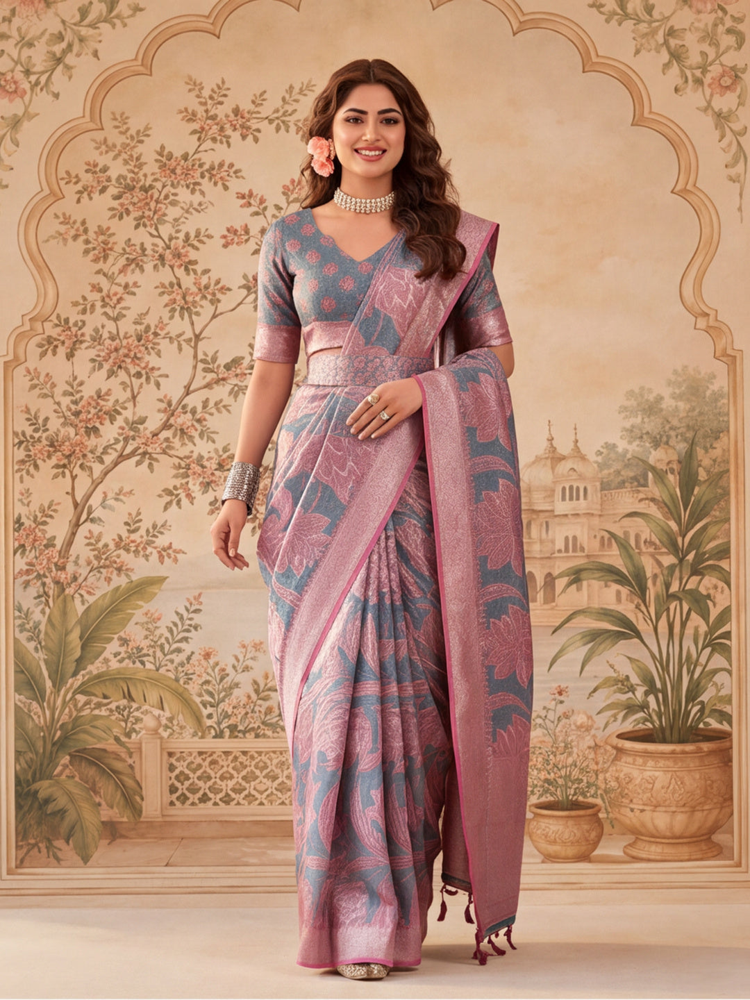 Elegant Linen Silver Zari Dark Grey-Pink Floral Digital Printed Saree with Designer Belt