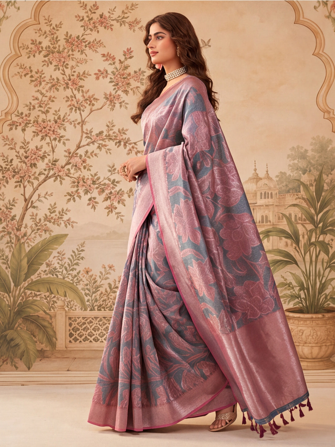 Elegant Linen Silver Zari Dark Grey-Pink Floral Digital Printed Saree with Designer Belt