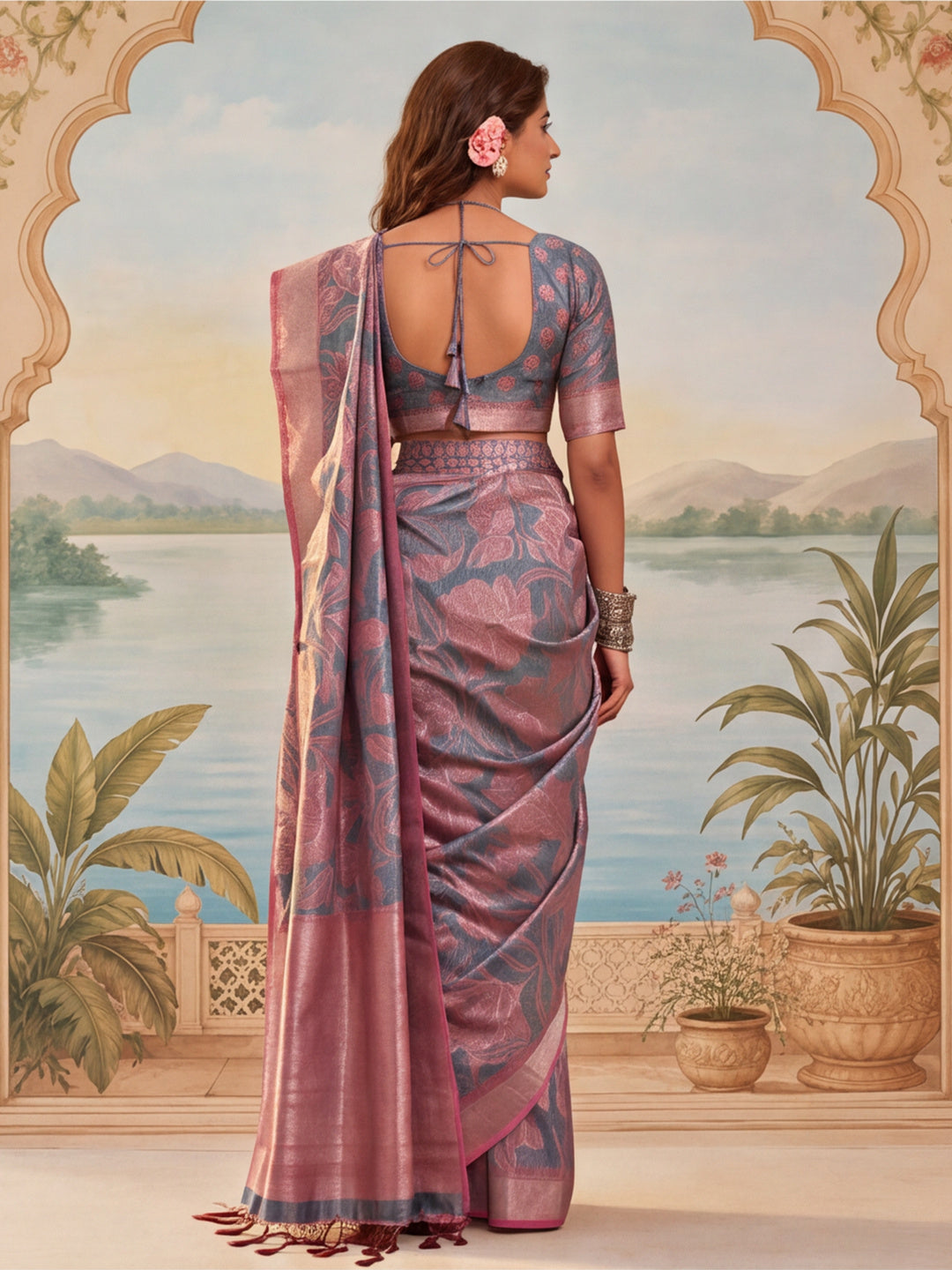 Elegant Linen Silver Zari Dark Grey-Pink Floral Digital Printed Saree with Designer Belt