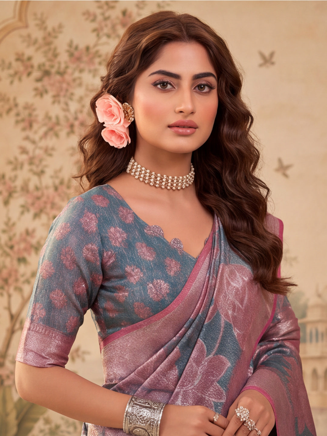 Elegant Linen Silver Zari Dark Grey-Pink Floral Digital Printed Saree with Designer Belt