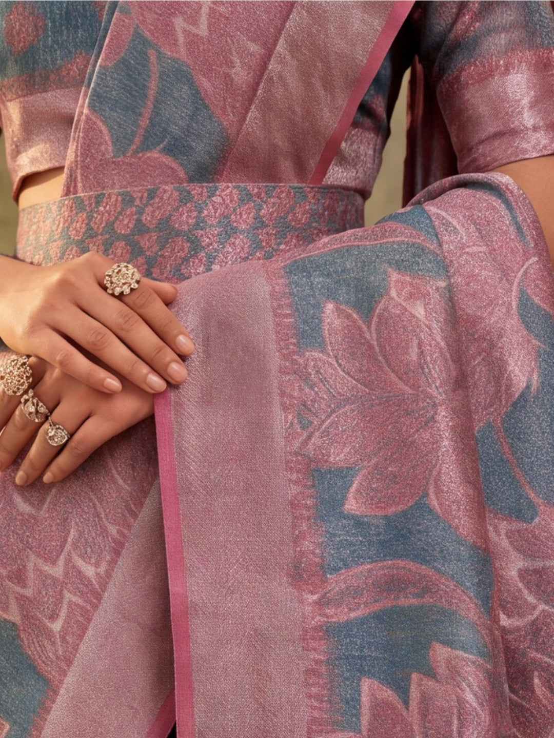 Elegant Linen Silver Zari Dark Grey-Pink Floral Digital Printed Saree with Designer Belt
