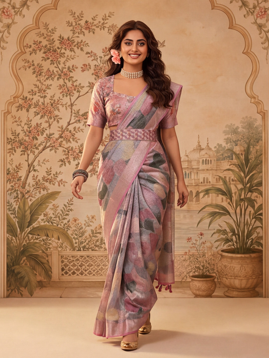 Trendy Linen Silver Zari Multi-Color Abstract Digital Print Saree with Belt Party Wear Saree