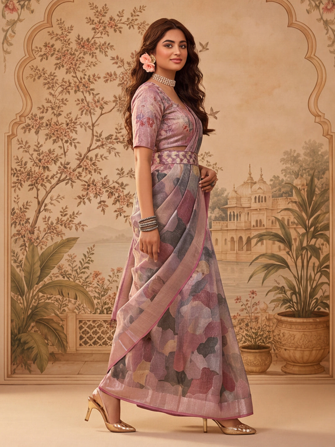 Trendy Linen Silver Zari Multi-Color Abstract Digital Print Saree with Belt Party Wear Saree