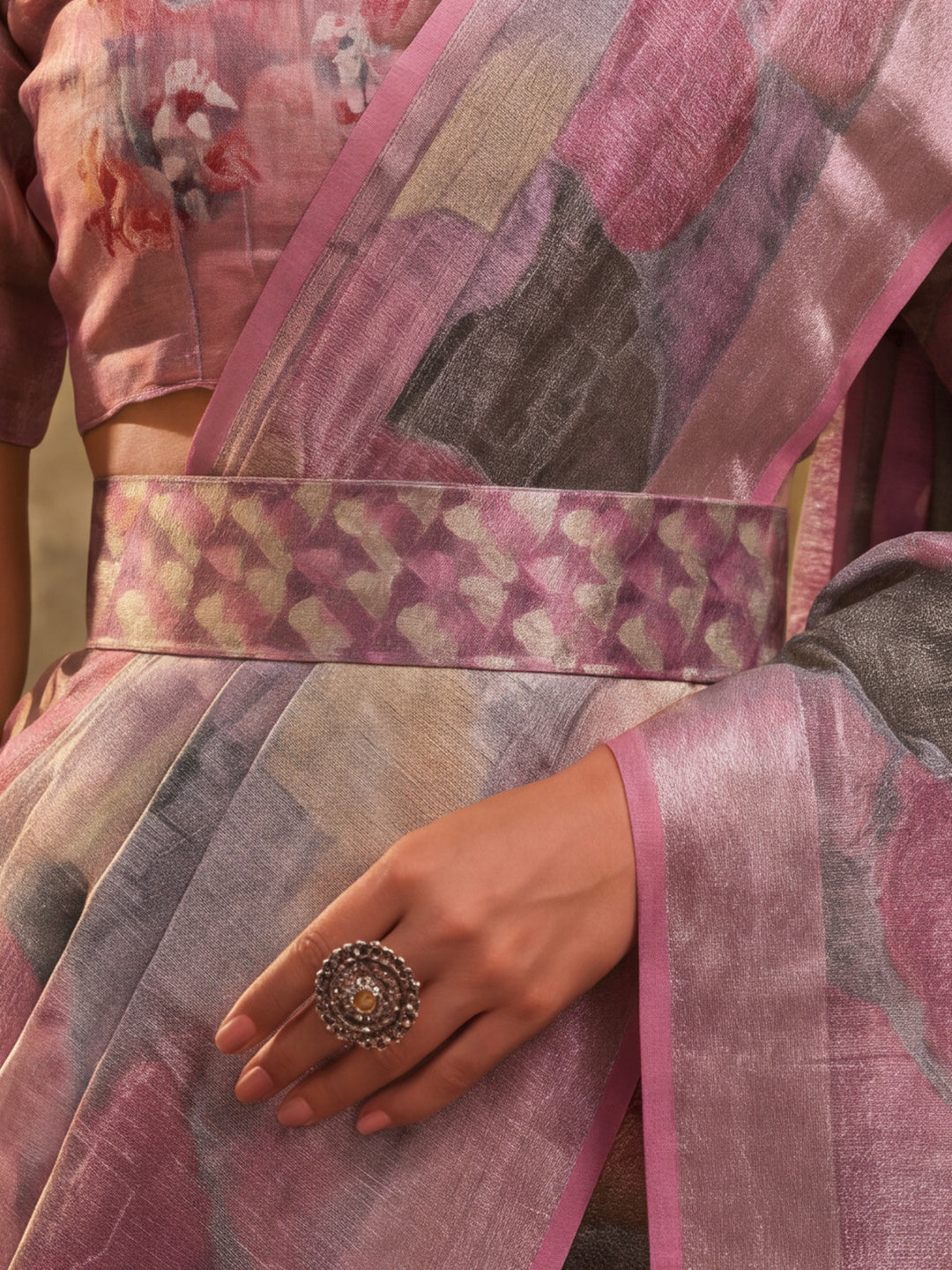 Trendy Linen Silver Zari Multi-Color Abstract Digital Print Saree with Belt Party Wear Saree