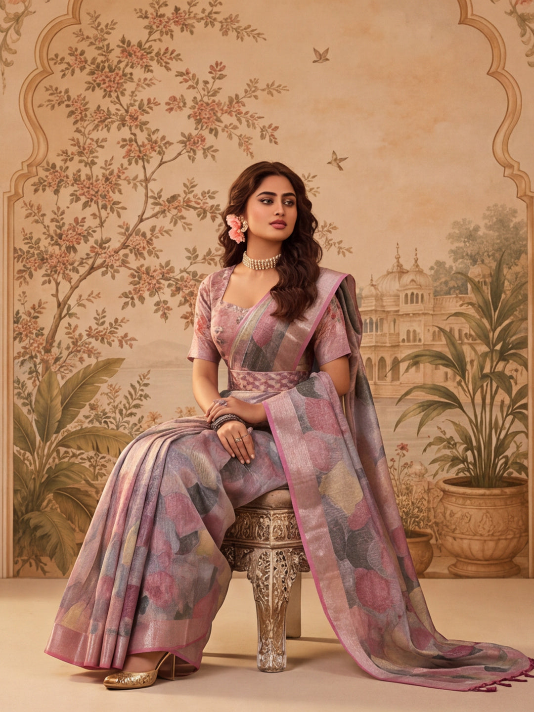Trendy Linen Silver Zari Multi-Color Abstract Digital Print Saree with Belt Party Wear Saree