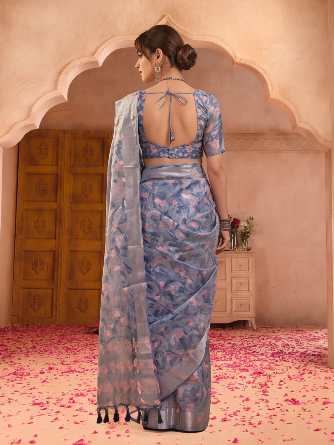 Elegant Linen Silver Zari Blue Floral Digital Print Saree with Belt & Tassel Detail Party Wear