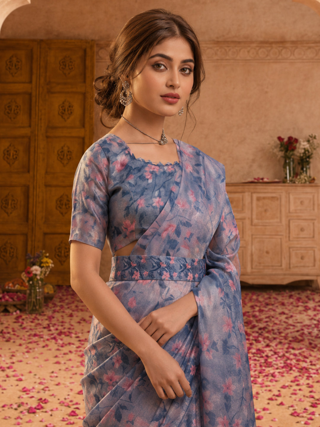 Elegant Linen Silver Zari Blue Floral Digital Print Saree with Belt & Tassel Detail Party Wear