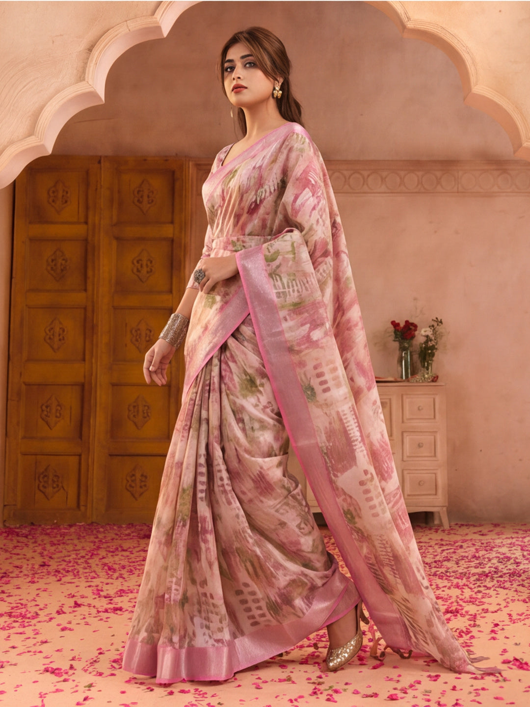 Pastel Pink Linen Silver Zari Digital Print Saree with Latkan Tassel Pallu & Belt