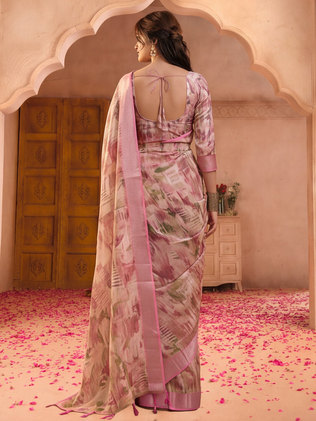 Pastel Pink Linen Silver Zari Digital Print Saree with Latkan Tassel Pallu & Belt
