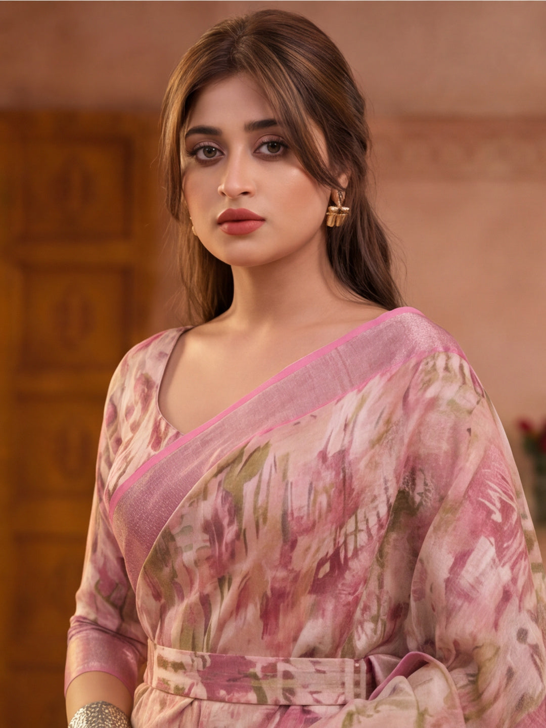 Pastel Pink Linen Silver Zari Digital Print Saree with Latkan Tassel Pallu & Belt