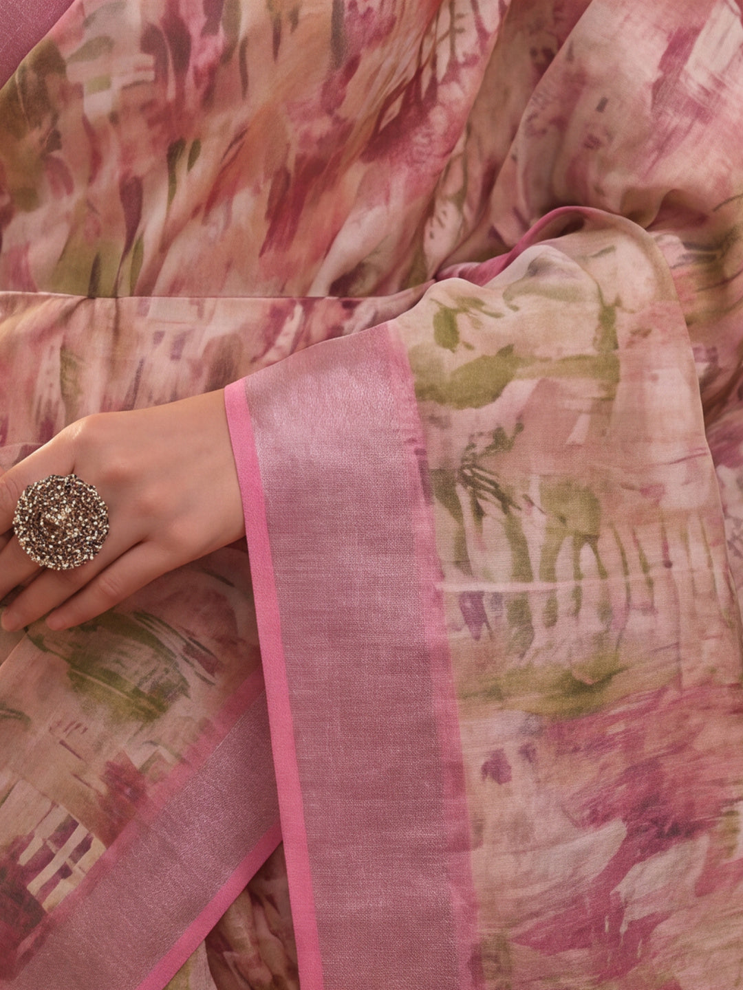 Pastel Pink Linen Silver Zari Digital Print Saree with Latkan Tassel Pallu & Belt
