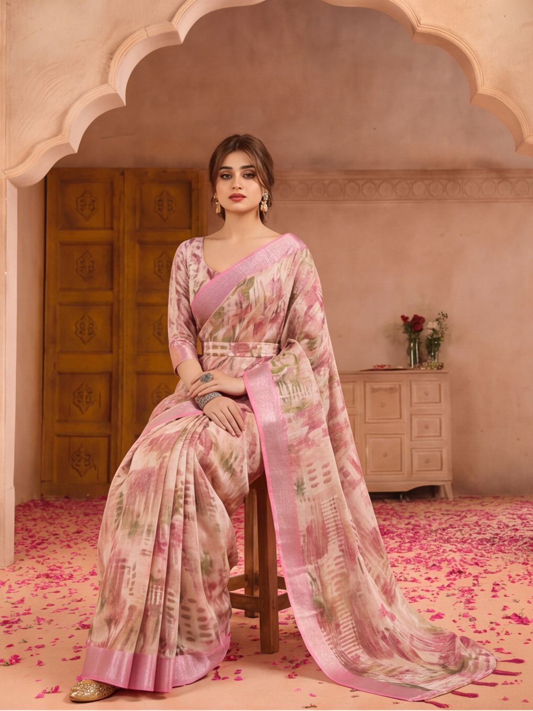 Pastel Pink Linen Silver Zari Digital Print Saree with Latkan Tassel Pallu & Belt