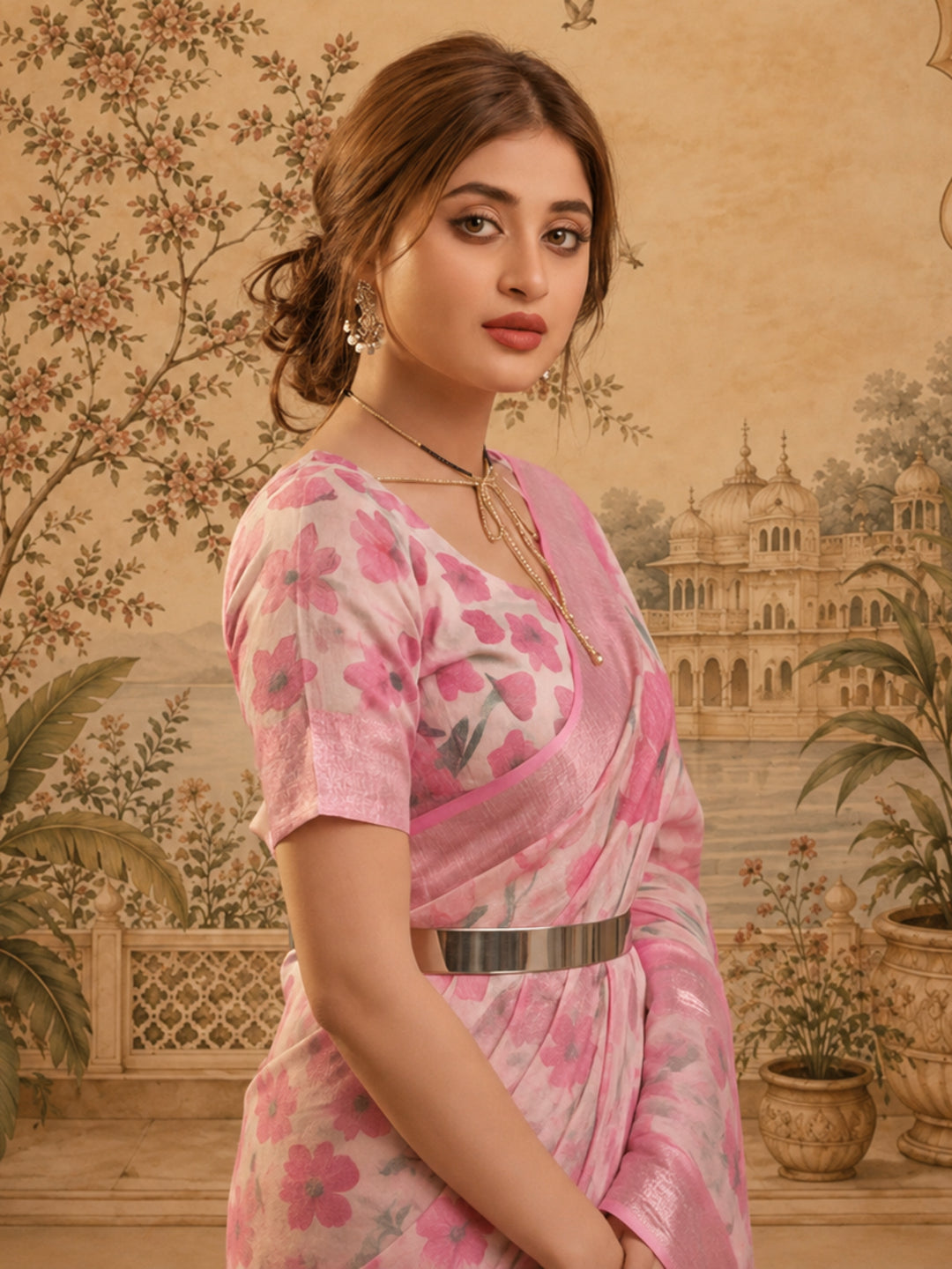 Baby Pink Linen Silver Zari Saree with Belt Bold Floral Digital Print & Latkan Tassel Pallu