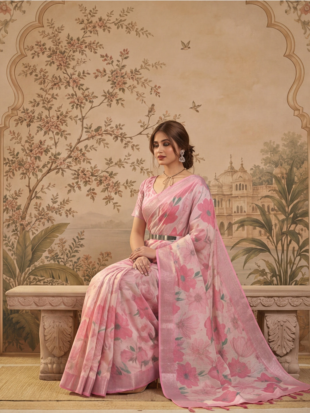 Baby Pink Linen Silver Zari Saree with Belt Bold Floral Digital Print & Latkan Tassel Pallu