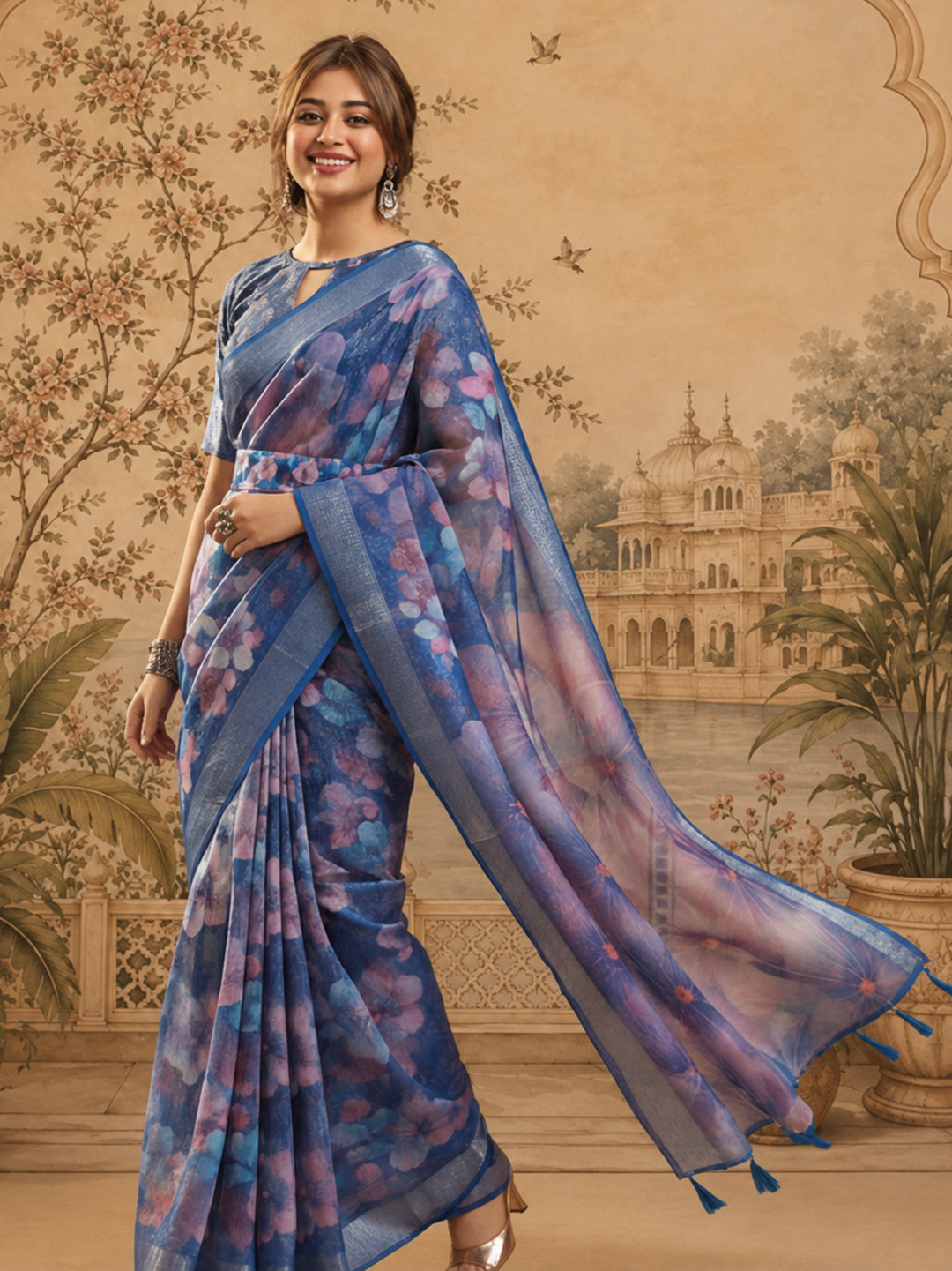 Royal Blue Linen Silver Zari Saree with Belt Bloom Print & Tassel Pallu