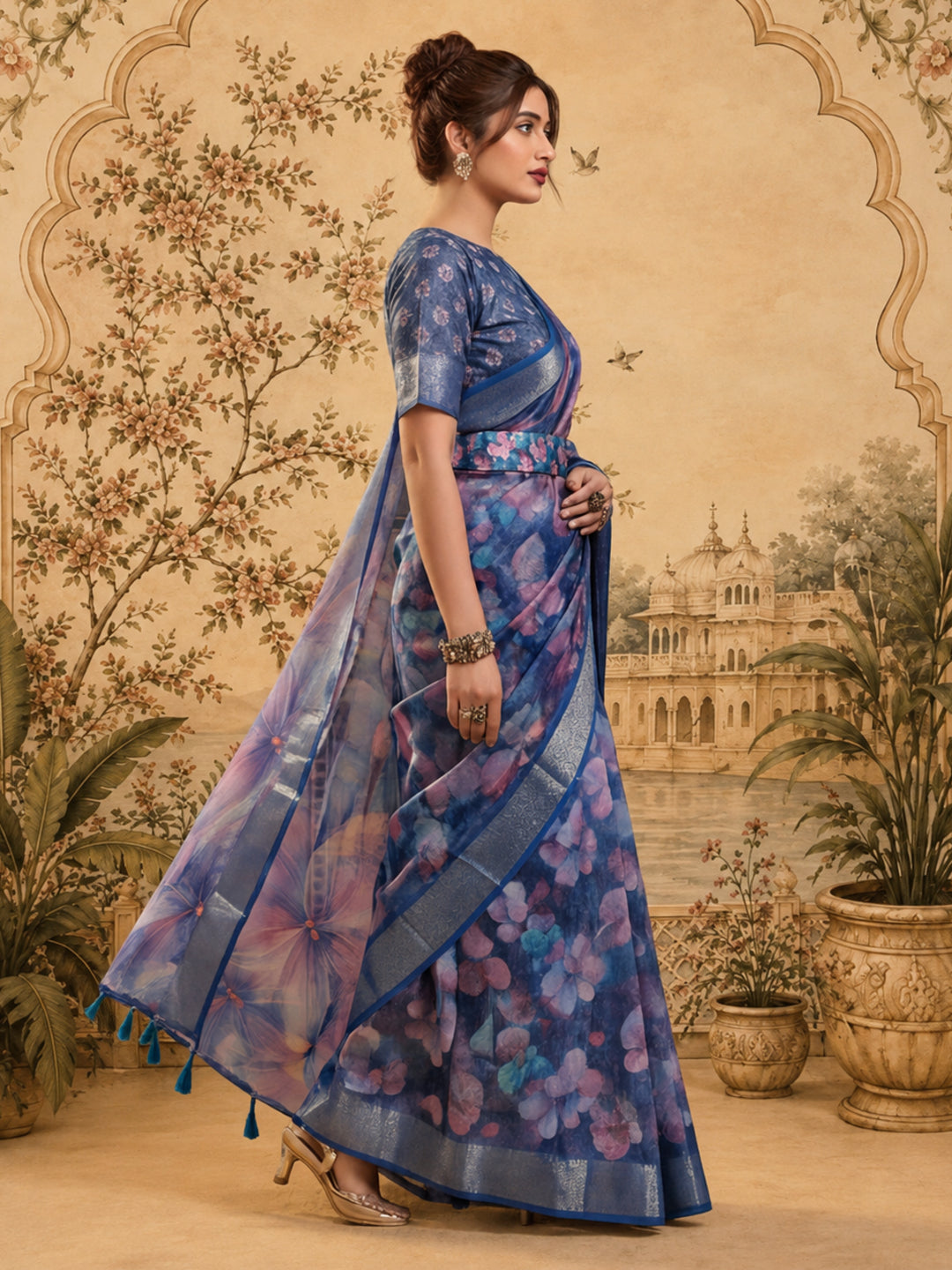 Royal Blue Linen Silver Zari Saree with Belt Bloom Print & Tassel Pallu