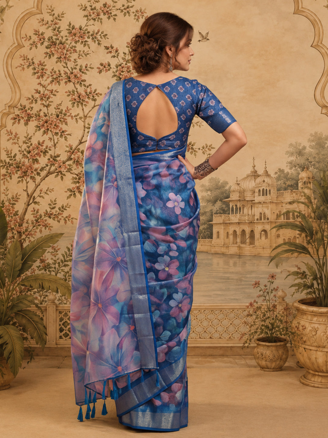 Royal Blue Linen Silver Zari Saree with Belt Bloom Print & Tassel Pallu