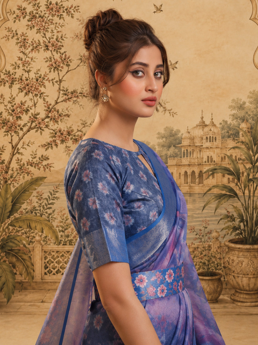 Royal Blue Linen Silver Zari Saree with Belt Bloom Print & Tassel Pallu