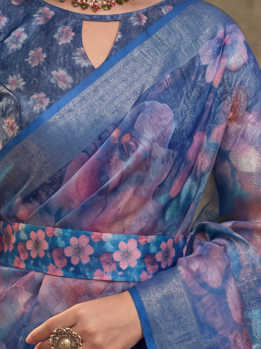 Royal Blue Linen Silver Zari Saree with Belt Bloom Print & Tassel Pallu