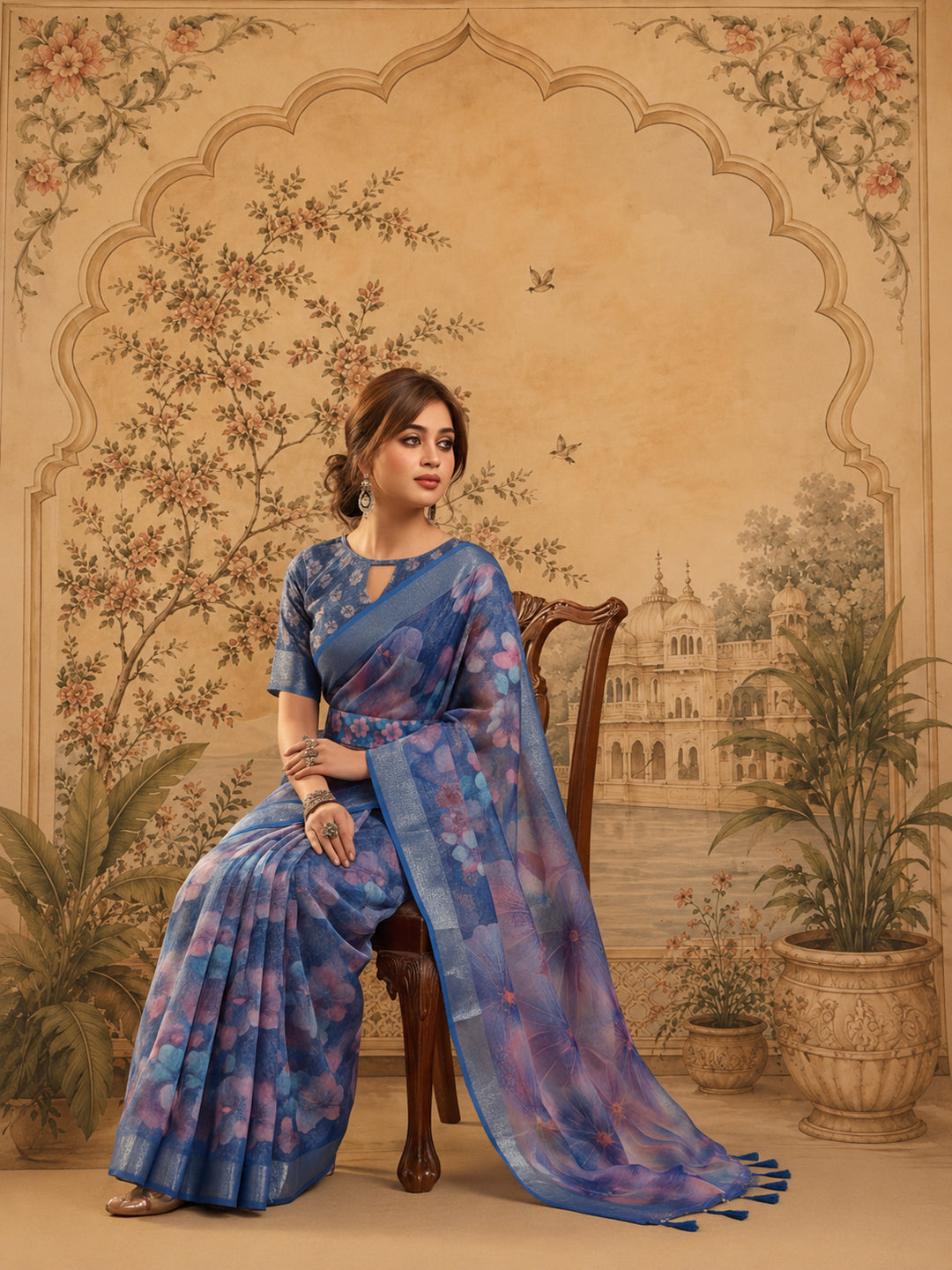 Royal Blue Linen Silver Zari Saree with Belt Bloom Print & Tassel Pallu