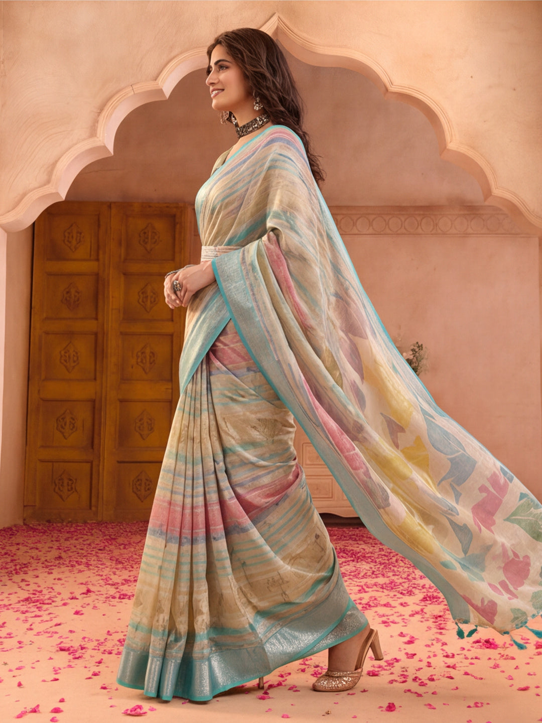 Aqua Gold Striped Linen Silver Zari Saree with Digital Print & Highlighted Belt